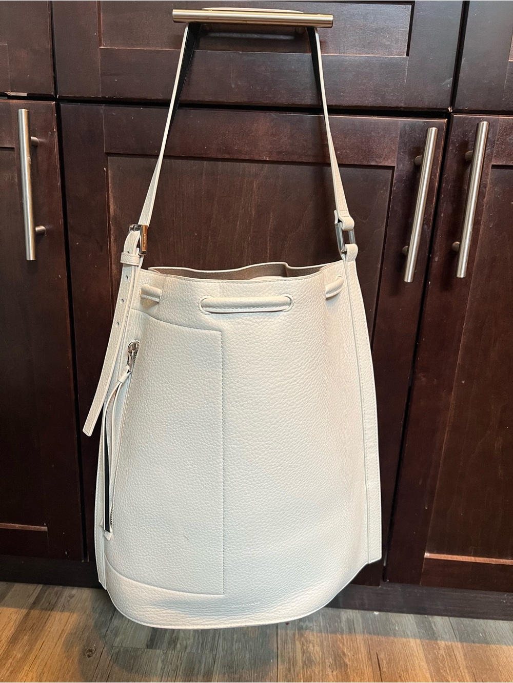 AllSaints Off- White Pebbled Leather Shoulder Bucket Bag